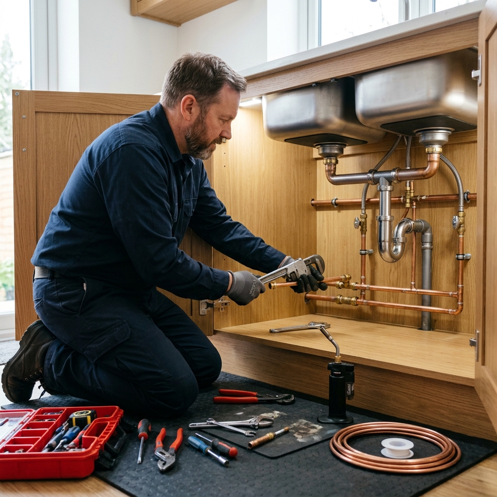 Licensed plumber performing clean, professional work under a sink