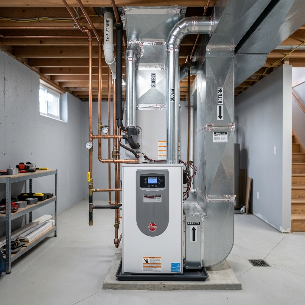 Residential heating furnace and ventilation ducts in a clean basement utility room