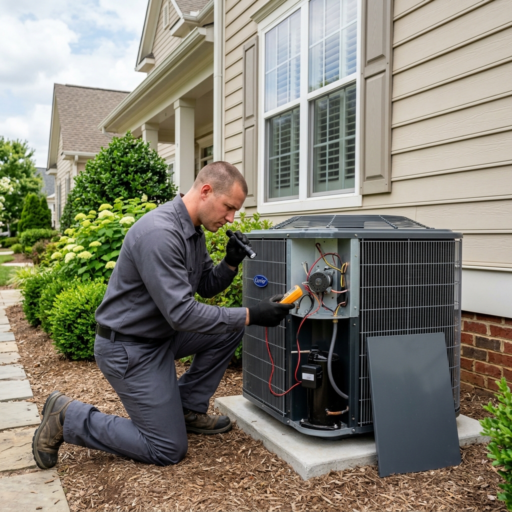 Professional HVAC service technician inspecting heating, ventilation, and cooling systems