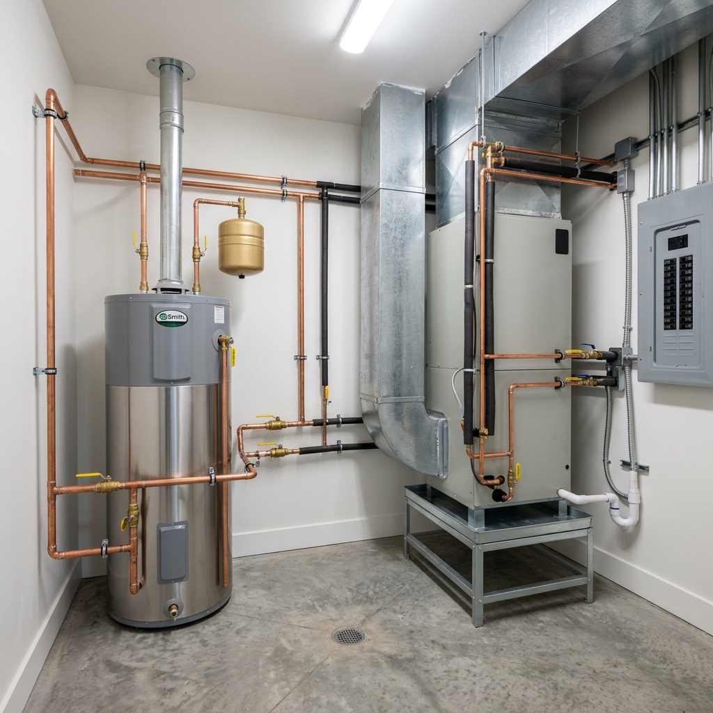 Modern residential mechanical utility room with hot water tank system