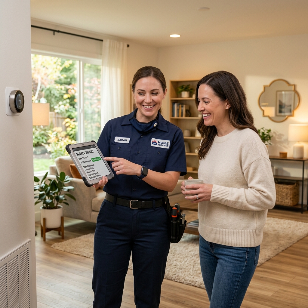Friendly service technician explaining repair options to homeowner